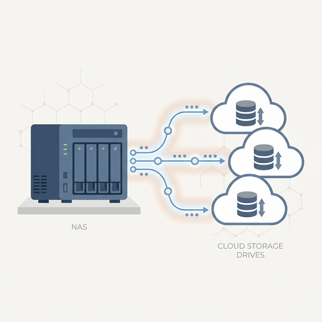 极简 2D 矢量风格的图解:群晖 NAS 服务器通过 Alist 桥接云端网络磁盘,实现数据自动化同步