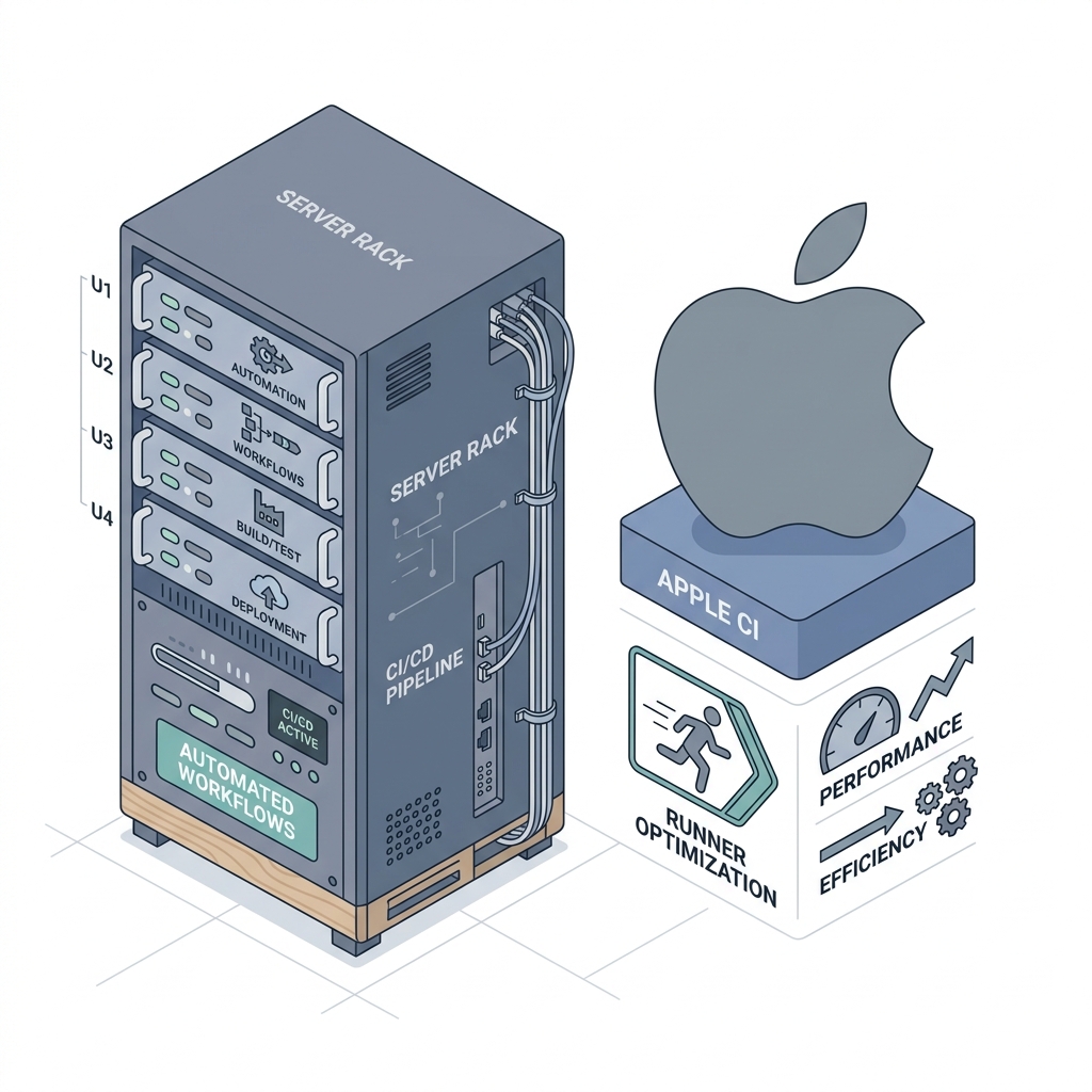 服务器机架通过自动化工作流连接 Apple CI,并展示构建、测试、性能与效率优化