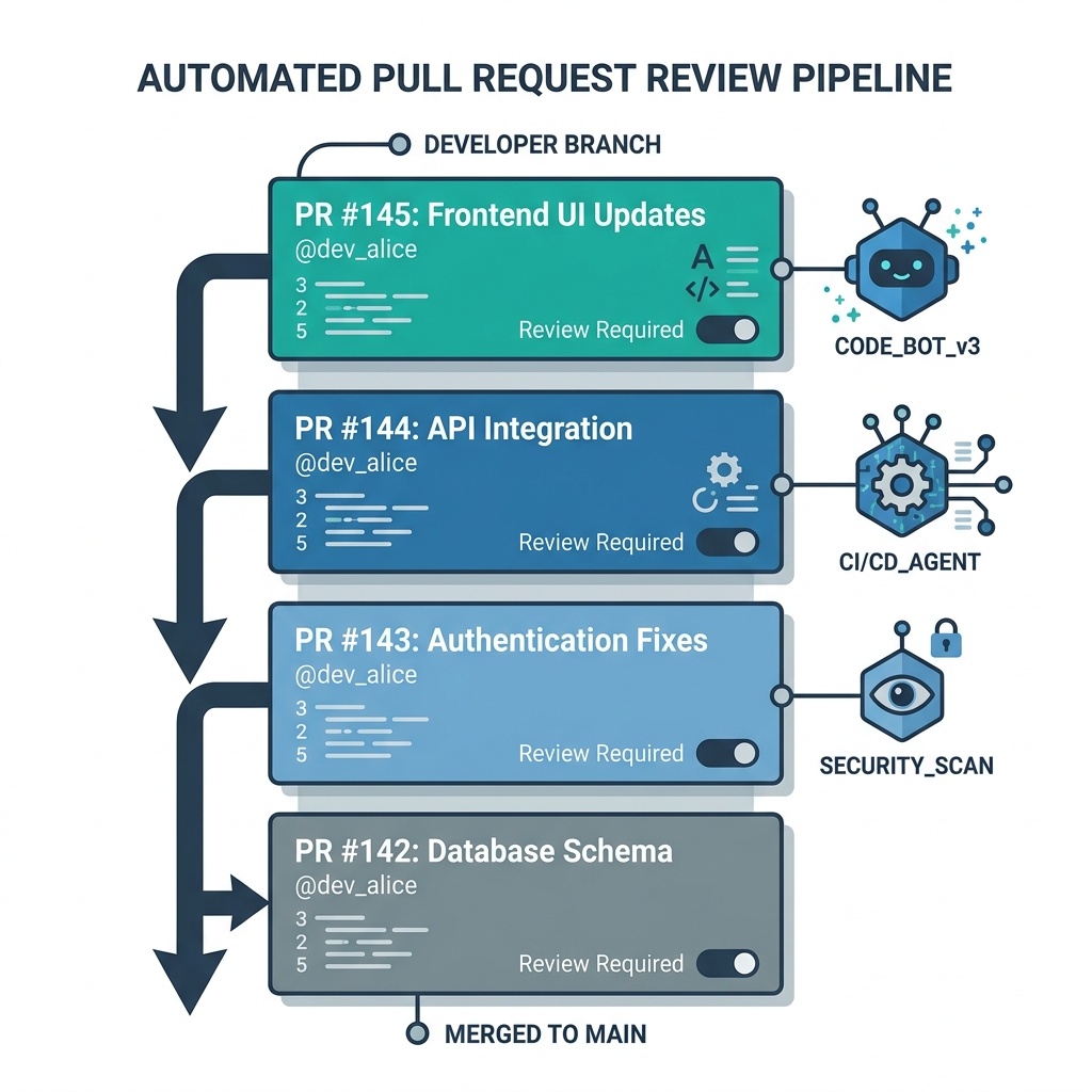 Automated Pull Request Review Pipeline 架构图:多 Agent 在分层 Stack 上安全协同与证据汇聚