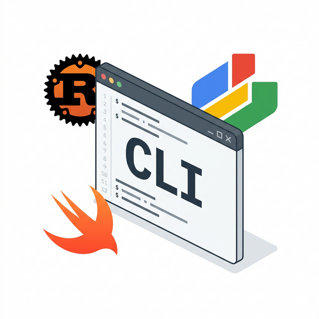 A minimalist flat 2D vector technical illustration of a modern CLI terminal featuring Google colors, Rust, and Swift logos.
