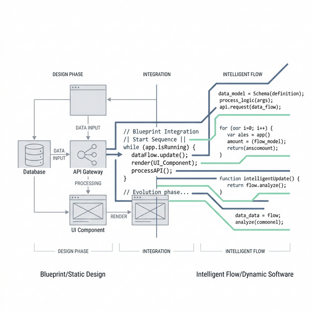 极简 2D 矢量风格的建筑蓝图与代码交汇图,展示软件工程从静态设计到智能流的演进
