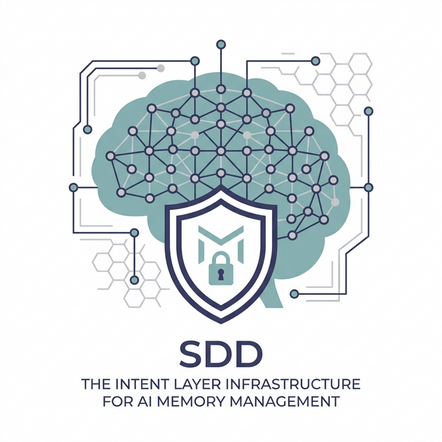 极简 2D 矢量风格的大脑与网络节点,象征 SDD 作为意图层基础设施与记忆管理