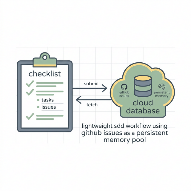 极简 2D 矢量风格的清单与云数据库,展现基于 GitHub Issues 的轻量级 SDD 工作流