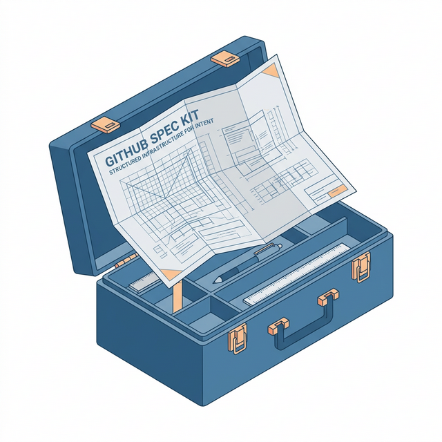 GitHub Spec Kit 极简 2D 矢量风格示意图,展示 SDD 核心指令工作流