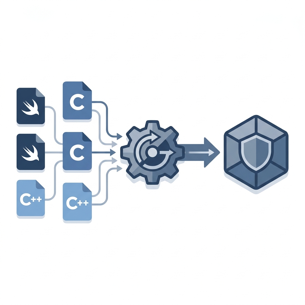 Illustration of Swift and C code files flowing through a build tool plugin into a unified module