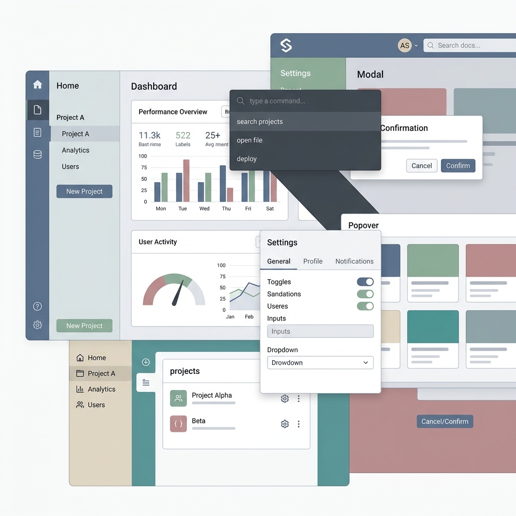 Abstract UX design layout showing various intersecting interface panels like dashboards, lists, sidebars, and popovers